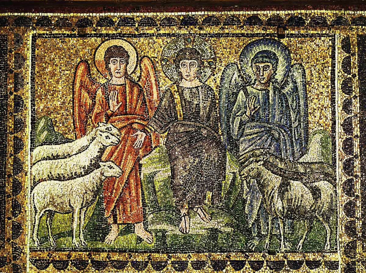 The Good Shepherd and two angels. Mosaic (6th)