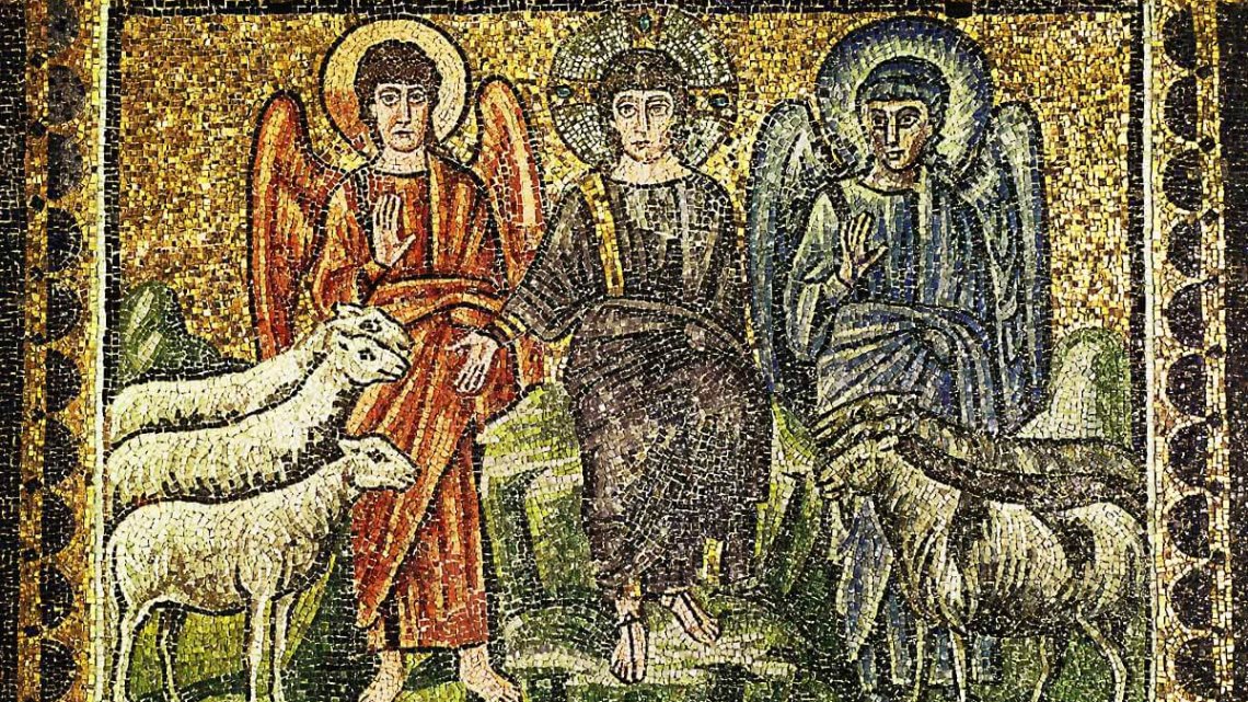 The Good Shepherd and two angels. Mosaic (6th)